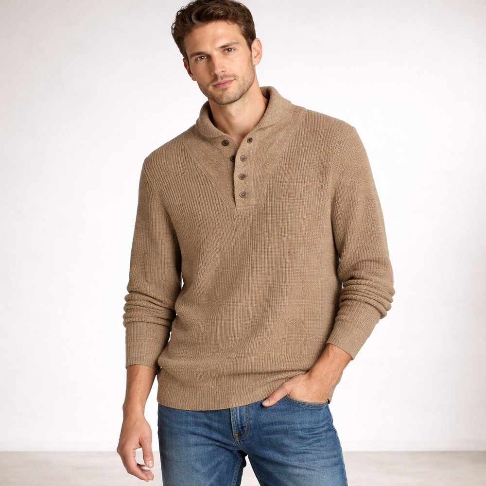 Eddie Bauer Mens Vintage‎ Tan 100% Cotton Ribbed Shawl Collar Henley Sweater L